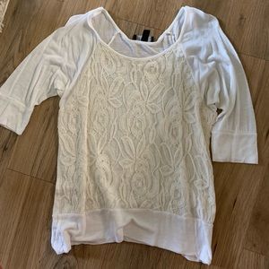 Cream knit shirt with lace, mid-length sleeves